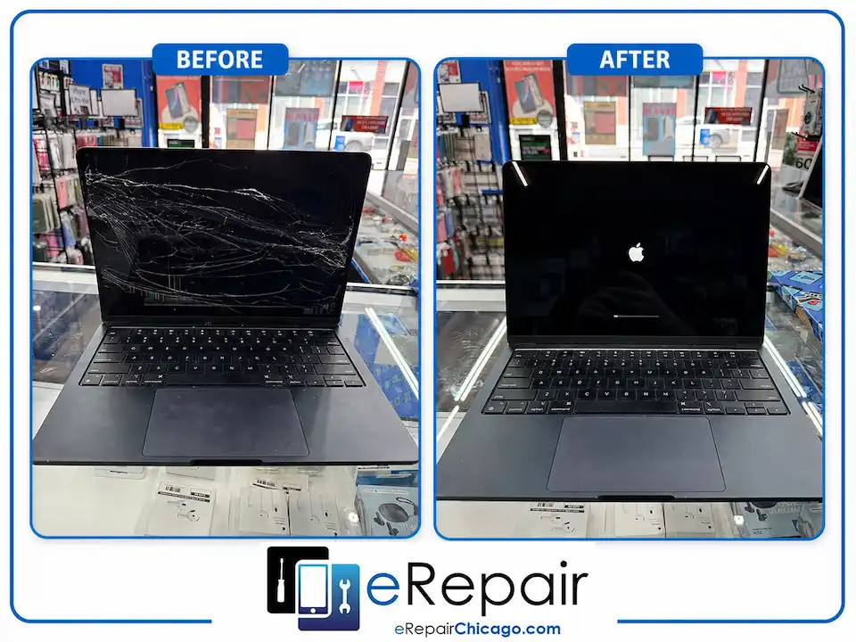 MacBook Air M2 2022 screen repair before and after, flickering display fixed