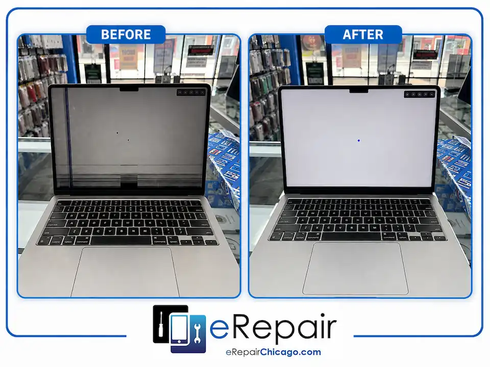 MacBook Pro M2 2023 screen repair before and after, cracked display restored