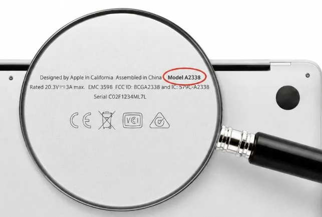 MacBook bottom case showing Model A2338 circled in red