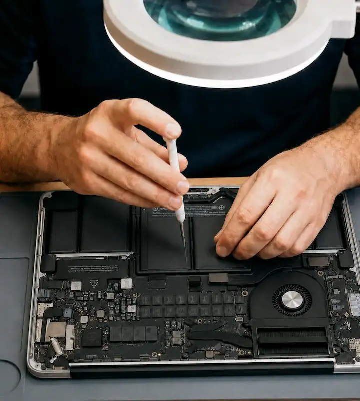 MacBook repair technician working on MacBook internals at eRepair Chicago